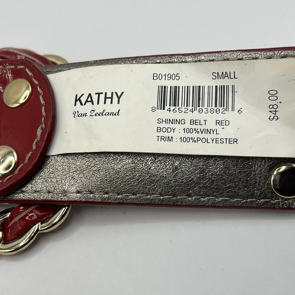 Kathy Van Zeeland Red Glossy Statement Belt S Chain Buckle Silver Hardware Y2K